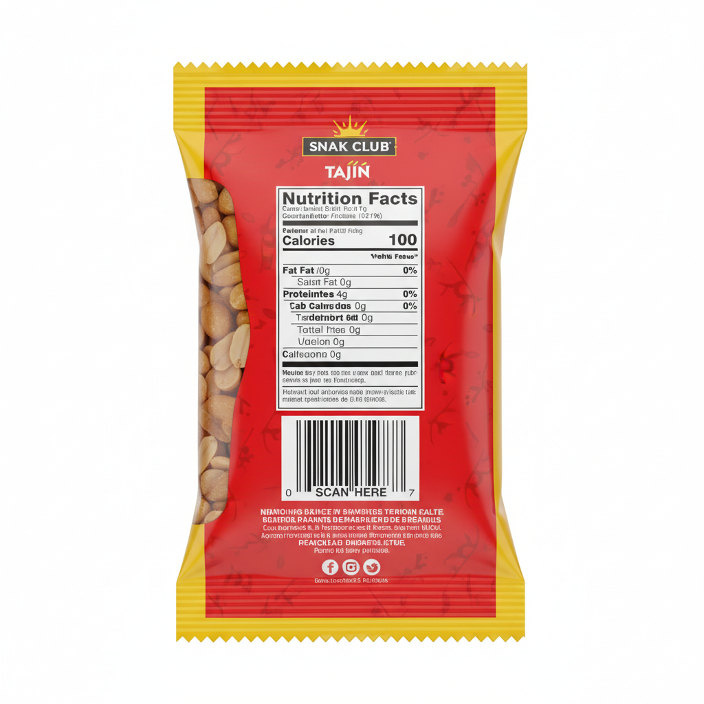 Snak Club Tajin peanuts individual pack back showing nutrition label and barcode