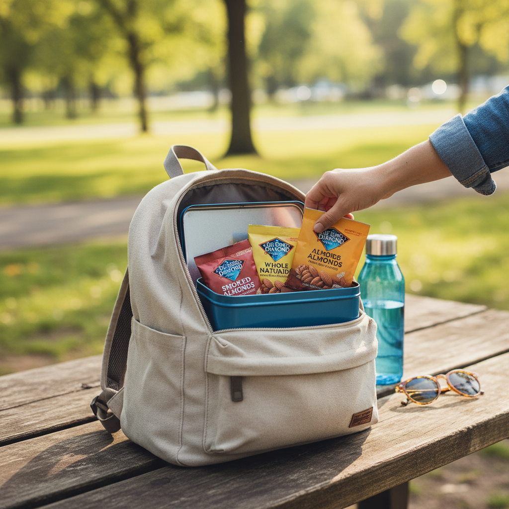 Blue Diamond almond snack packs in lunch box and backpack for on-the-go