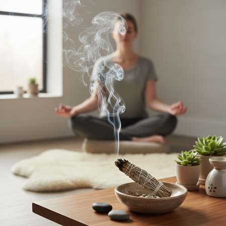 White sage smudge stick burning with smoke wisps in peaceful meditation space
