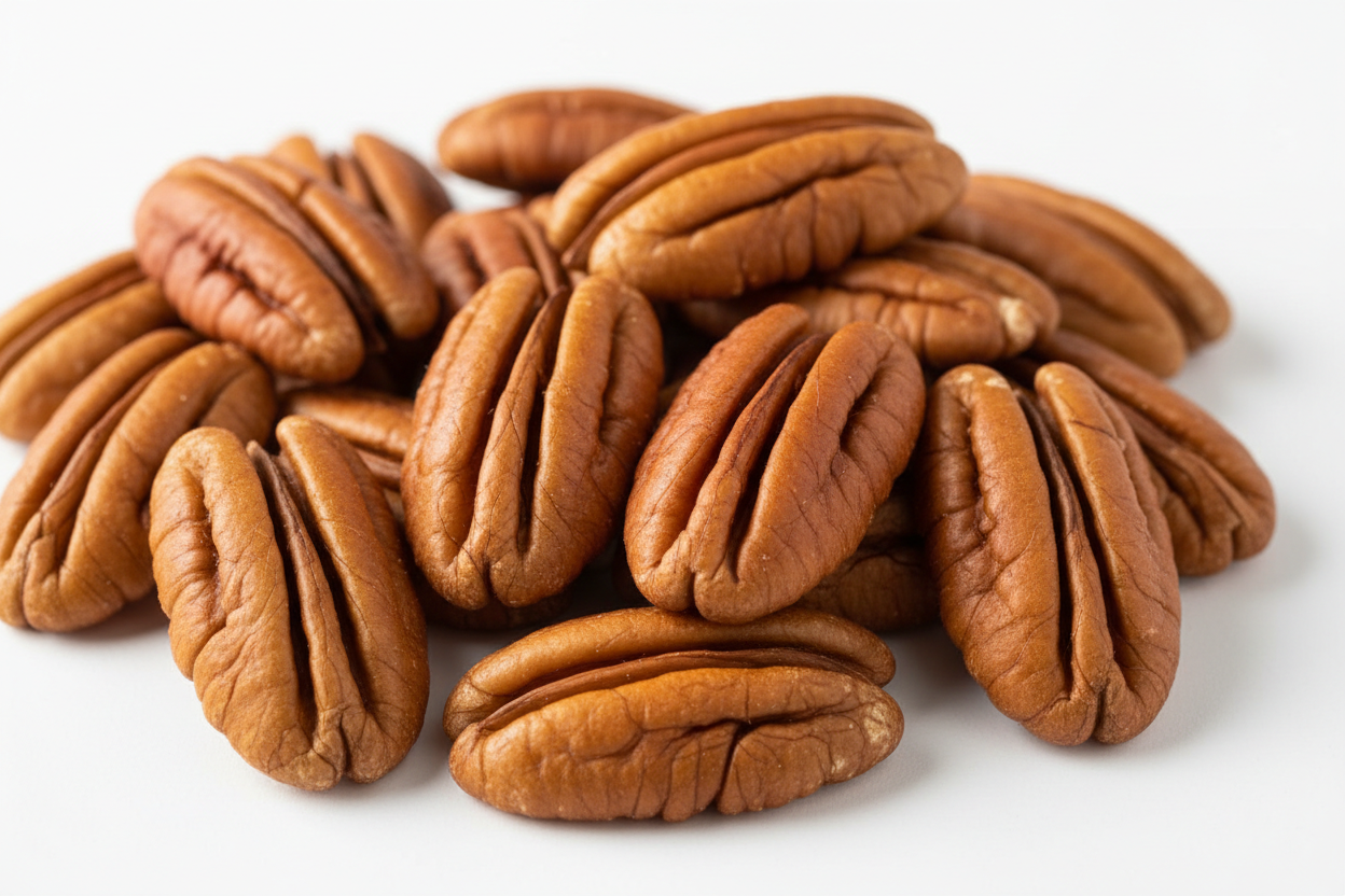 Close-up of premium pecan halves showing rich golden brown color and perfect whole halves