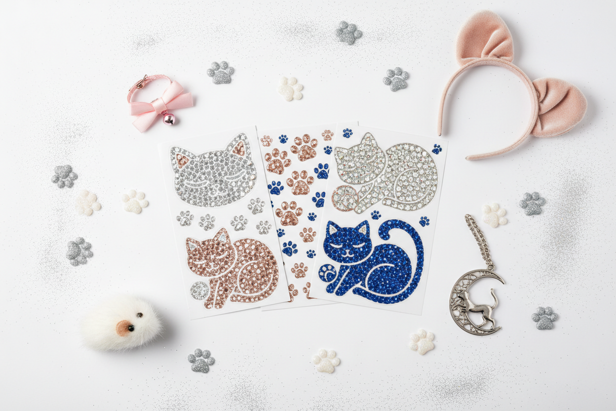 Cat rhinestone phone stickers flat lay with cute cat accessories and paw prints