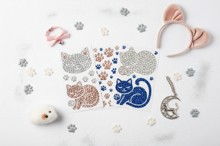 Cat rhinestone phone stickers flat lay with cute cat accessories and paw prints