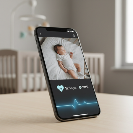 Smartphone showing Owlet app with baby monitor video feed and vital signs tracking